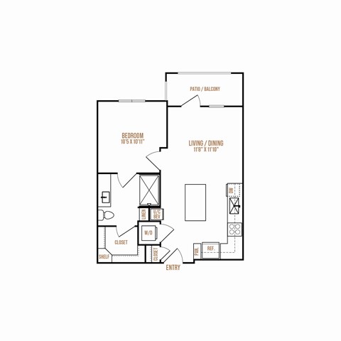 Floor plan for 1 bed, 1 bath, 600 sqft